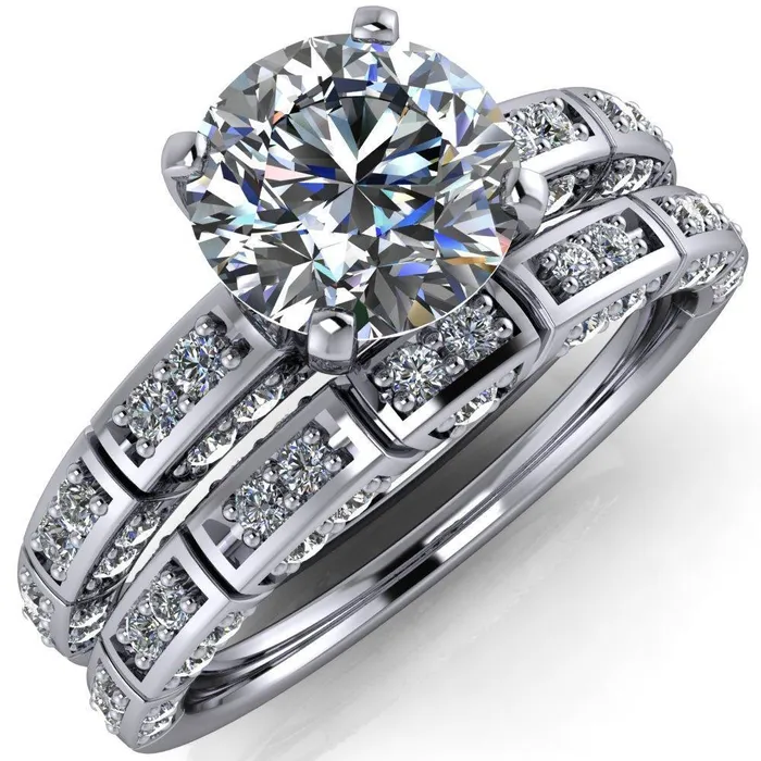 Fire Brilliance Rings Avery Round Center Stone 4 Prong Designer Shank Ring