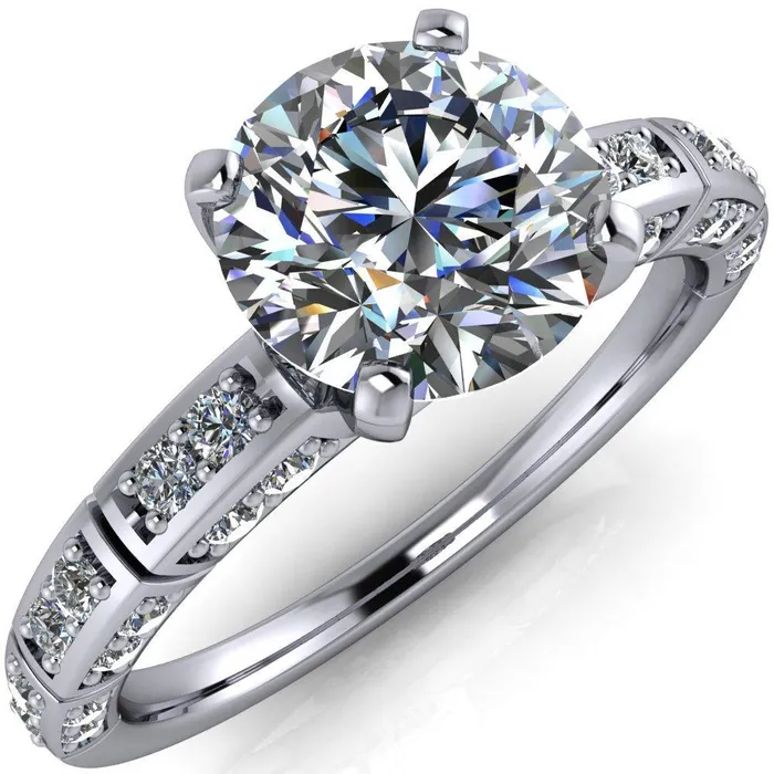 Fire Brilliance Rings Avery Round Center Stone 4 Prong Designer Shank Ring