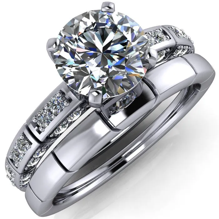 Fire Brilliance Rings Avery Round Center Stone 4 Prong Designer Shank Ring