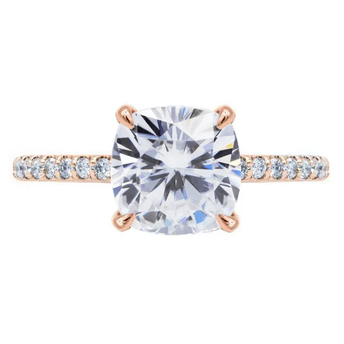Fire Brilliance Rings Cushion Moissanite 4 Claw Prongs Diamond Accent Ice Solitaire Ring