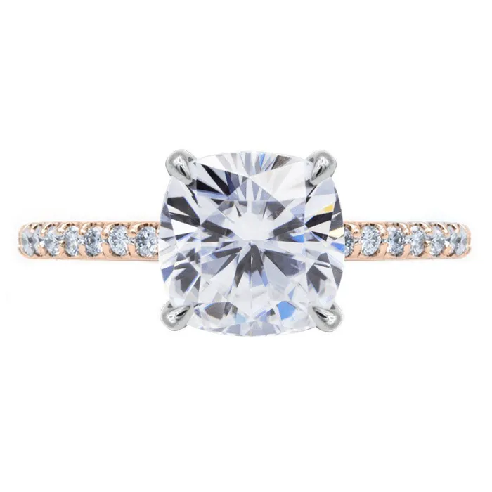 Fire Brilliance Rings Cushion Moissanite 4 Claw Prongs Diamond Accent Ice Solitaire Ring