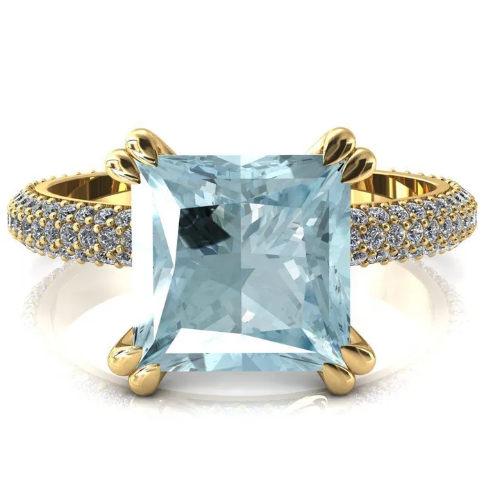 Fire Brilliance Rings Elley Princess Aqua Blue Spinel 4 Claw Prong Diamond Accent Engagement Ring