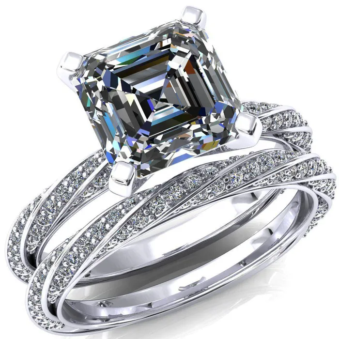 Fire Brilliance Rings Elysia Asscher Moissanite 4 Prong 34 Eternity Diamond Accent Ring