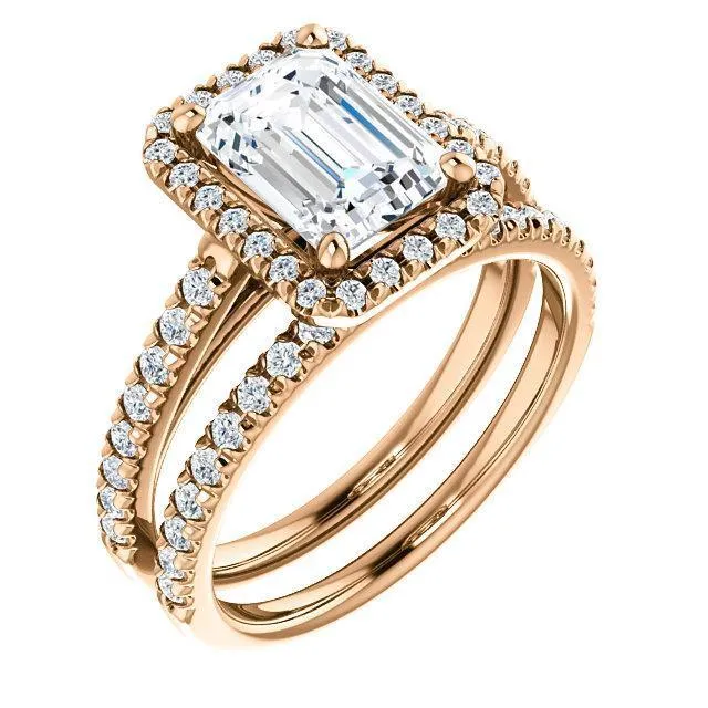 Fire Brilliance Rings Emerald Moissanite Diamond Accent Ice Halo Cathedral Ring Fire Brilliance Rings Emerald Moissanite Diamond Accent Ice Halo Cathedral Ring