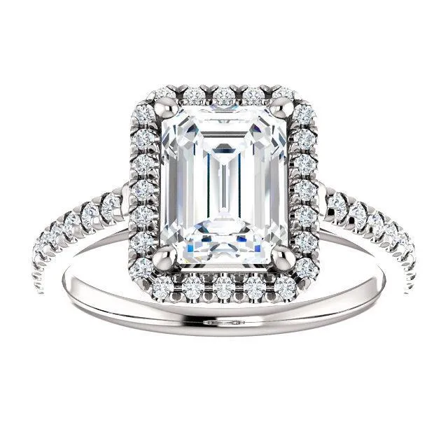 Fire Brilliance Rings Emerald Moissanite Diamond Accent Ice Halo Cathedral Ring