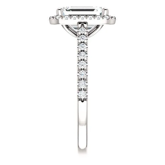 Fire Brilliance Rings Emerald Moissanite Diamond Accent Ice Halo Cathedral Ring