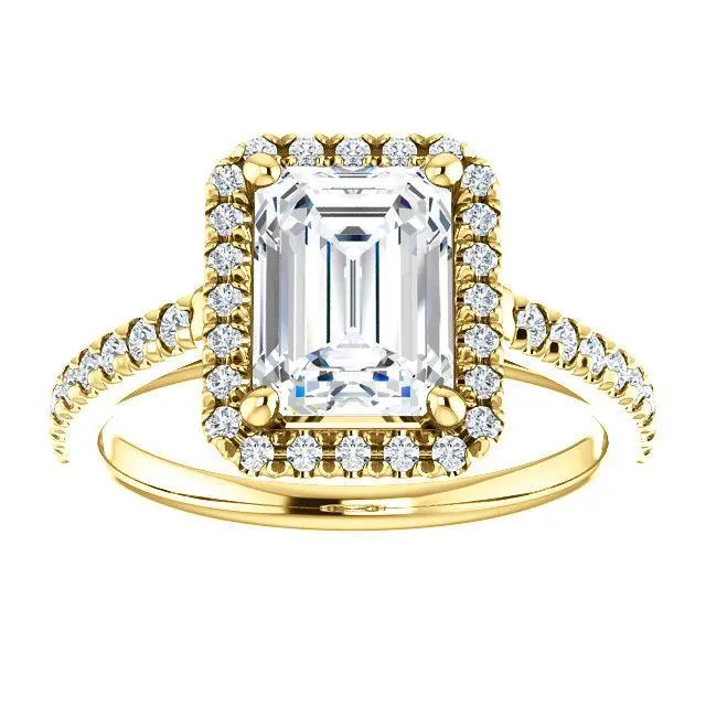 Fire Brilliance Rings Emerald Moissanite Diamond Accent Ice Halo Cathedral Ring
