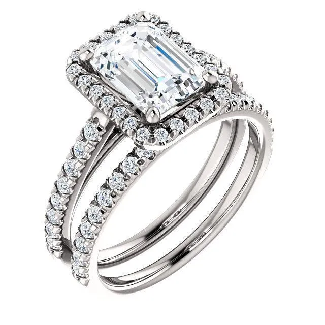 Fire Brilliance Rings Emerald Moissanite Diamond Accent Ice Halo Cathedral Ring