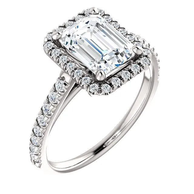 Fire Brilliance Rings Emerald Moissanite Diamond Accent Ice Halo Cathedral Ring