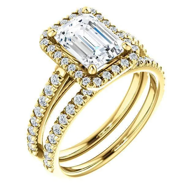 Fire Brilliance Rings Emerald Moissanite Diamond Accent Ice Halo Cathedral Ring