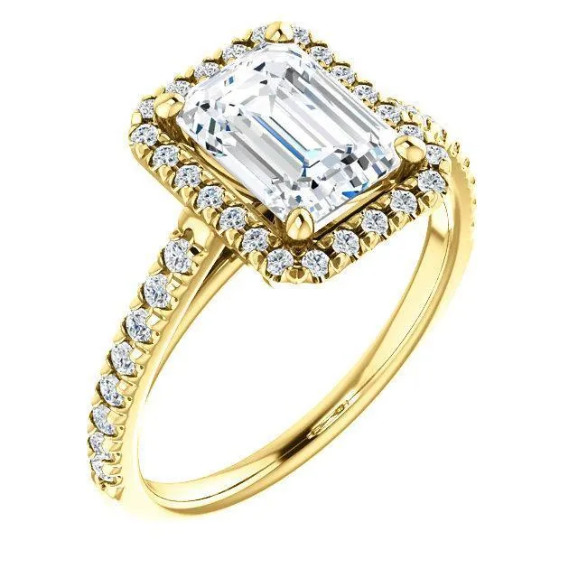 Fire Brilliance Rings Emerald Moissanite Diamond Accent Ice Halo Cathedral Ring