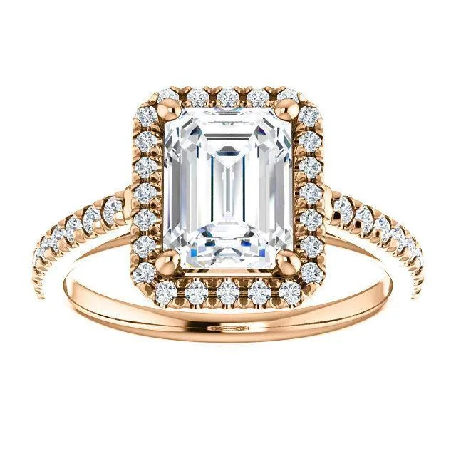 Fire Brilliance Rings Emerald Moissanite Diamond Accent Ice Halo Cathedral Ring