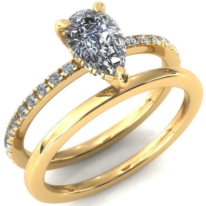 Fire Brilliance Rings Ezili Pear Center Stone 3 Claw Prong Micro Pave Diamond Sides Engagement Ring