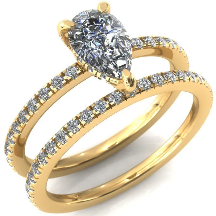 Fire Brilliance Rings Ezili Pear Center Stone 3 Claw Prong Micro Pave Diamond Sides Engagement Ring