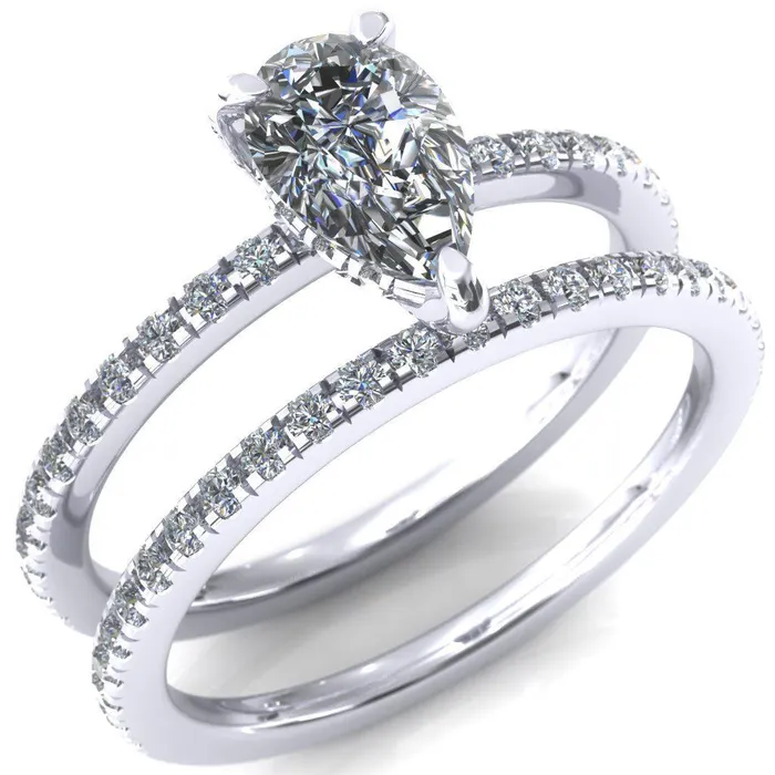 Fire Brilliance Rings Ezili Pear Center Stone 3 Claw Prong Micro Pave Diamond Sides Engagement Ring