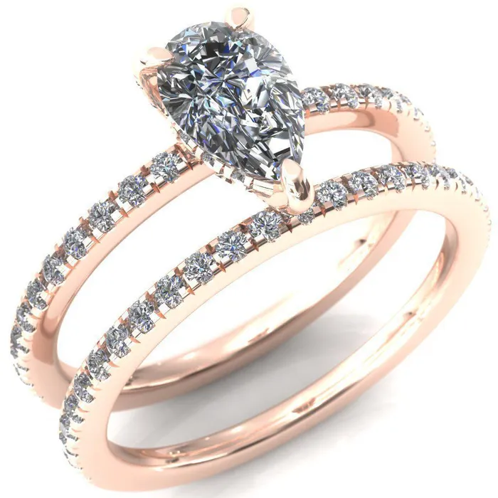 Fire Brilliance Rings Ezili Pear Center Stone 3 Claw Prong Micro Pave Diamond Sides Engagement Ring