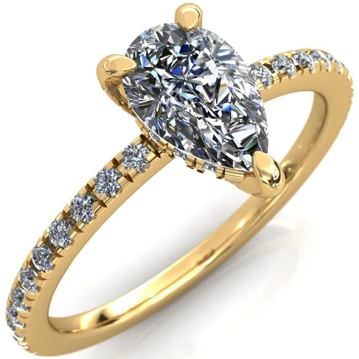 Fire Brilliance Rings Ezili Pear Center Stone 3 Claw Prong Micro Pave Diamond Sides Engagement Ring