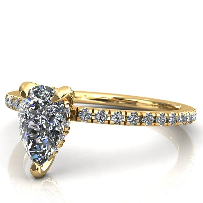 Fire Brilliance Rings Ezili Pear Center Stone 3 Claw Prong Micro Pave Diamond Sides Engagement Ring