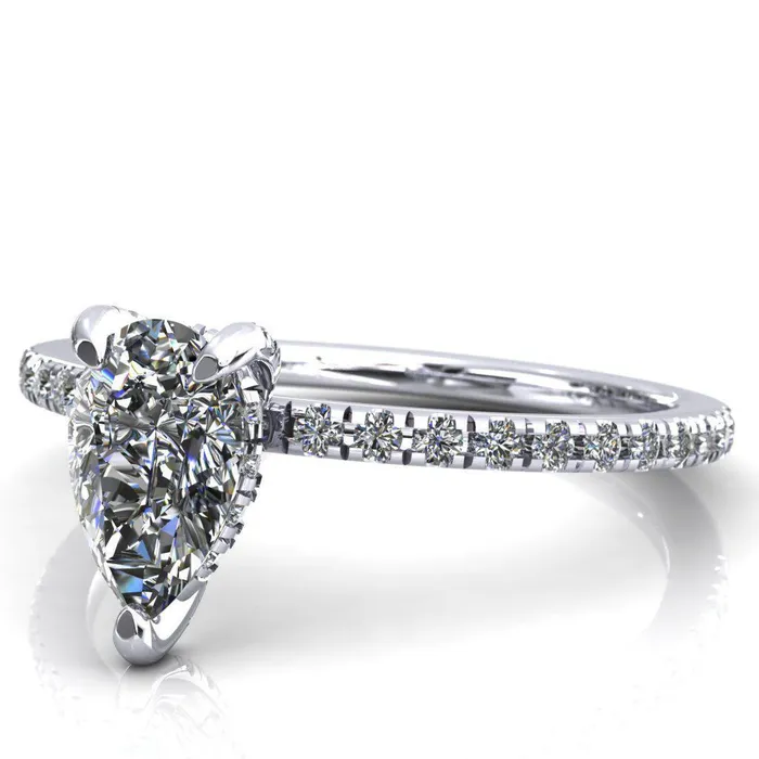 Fire Brilliance Rings Ezili Pear Center Stone 3 Claw Prong Micro Pave Diamond Sides Engagement Ring