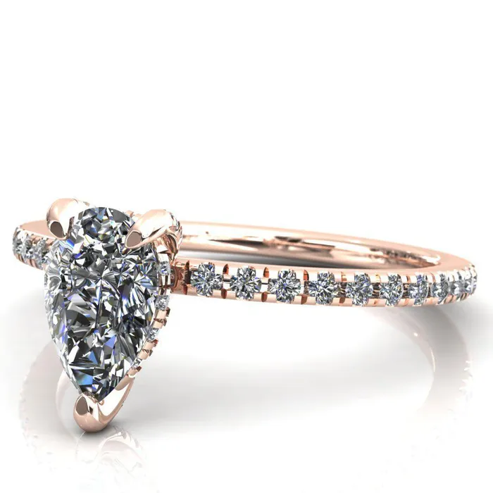 Fire Brilliance Rings Ezili Pear Center Stone 3 Claw Prong Micro Pave Diamond Sides Engagement Ring