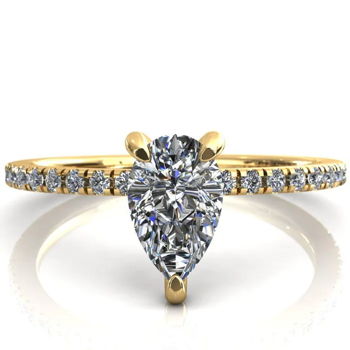 Fire Brilliance Rings Ezili Pear Center Stone 3 Claw Prong Micro Pave Diamond Sides Engagement Ring