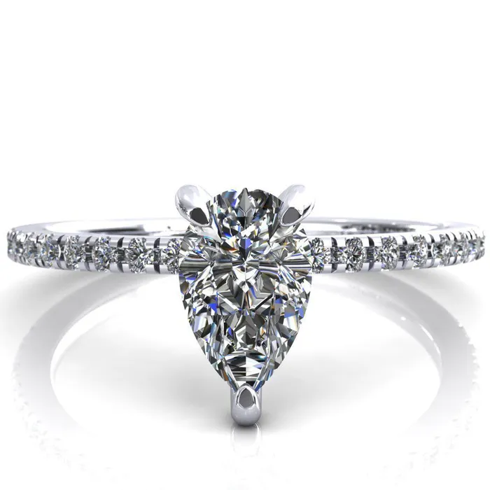 Fire Brilliance Rings Ezili Pear Center Stone 3 Claw Prong Micro Pave Diamond Sides Engagement Ring