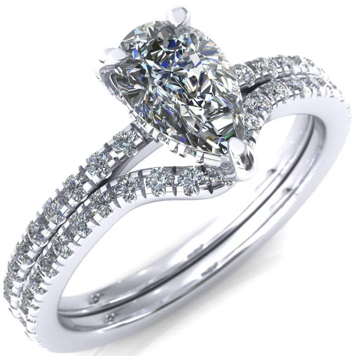 Fire Brilliance Rings Ezili Pear Center Stone 3 Claw Prong Micro Pave Diamond Sides Engagement Ring