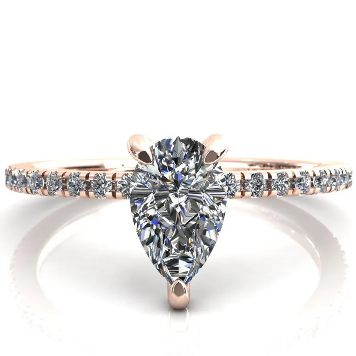 Fire Brilliance Rings Ezili Pear Center Stone 3 Claw Prong Micro Pave Diamond Sides Engagement Ring