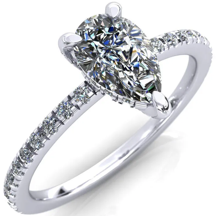 Fire Brilliance Rings Ezili Pear Center Stone 3 Claw Prong Micro Pave Diamond Sides Engagement Ring