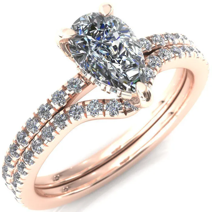 Fire Brilliance Rings Ezili Pear Center Stone 3 Claw Prong Micro Pave Diamond Sides Engagement Ring