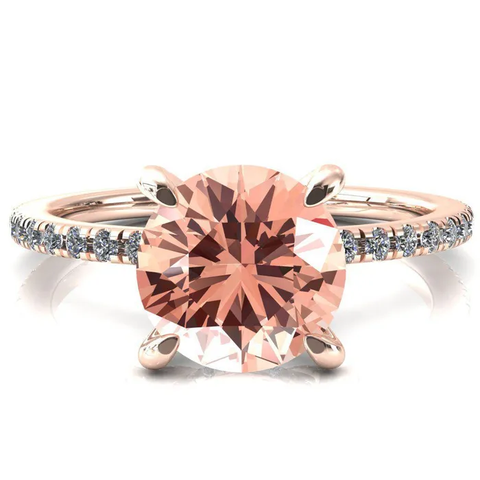 Fire Brilliance Rings Ezili Round Champagne Sapphire 4 Claw Prong Micro Pave Diamond Sides Engagement Ring