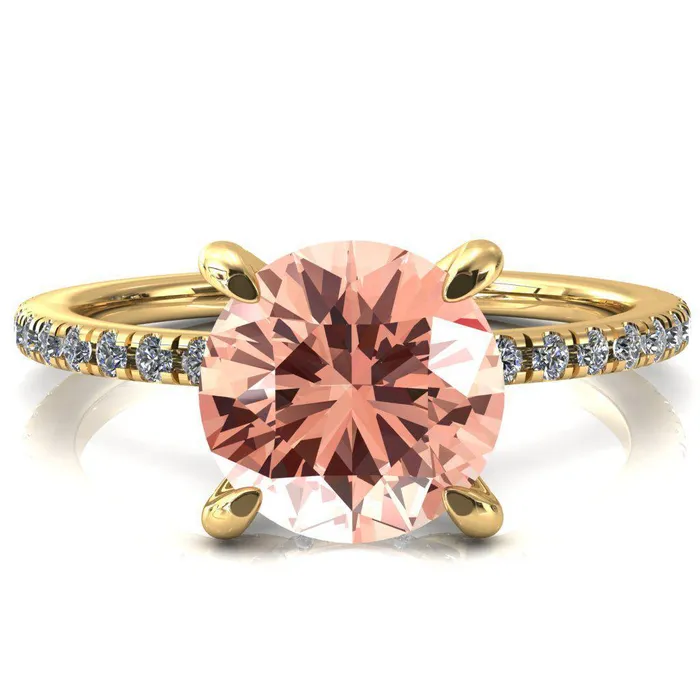 Fire Brilliance Rings Ezili Round Champagne Sapphire 4 Claw Prong Micro Pave Diamond Sides Engagement Ring