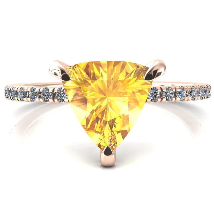 Fire Brilliance Rings Ezili Trillion Yellow Sapphire 3 Claw Prong Micro Pave Diamond Sides Engagement Ring