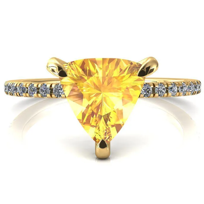 Fire Brilliance Rings Ezili Trillion Yellow Sapphire 3 Claw Prong Micro Pave Diamond Sides Engagement Ring