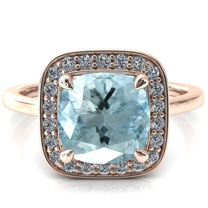 Fire Brilliance Rings Holly Cushion Aqua Blue Spinel 4 Prong Pinpoint Floating Halo Scalloped Cathedral Ring
