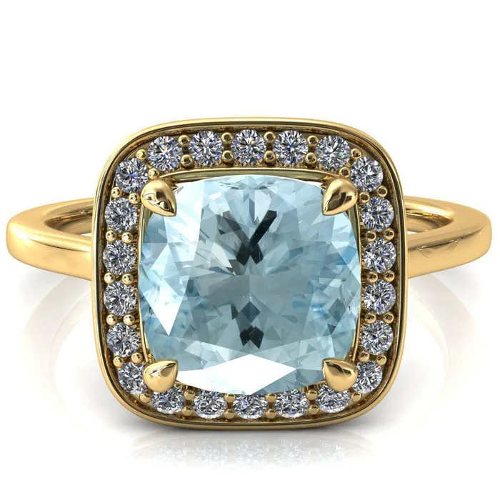 Fire Brilliance Rings Holly Cushion Aqua Blue Spinel 4 Prong Pinpoint Floating Halo Scalloped Cathedral Ring