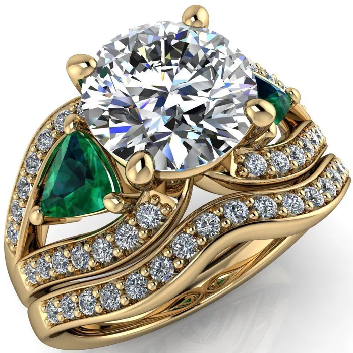 Fire Brilliance Rings Kassandra Round Center Stone 4 Prong Trillion Emerald Side Split Shank Accent Engagement Ring Fire Brilliance Rings Kassandra Round Center Stone 4 Prong Trillion Emerald Side Split Shank Accent Engagement Ring