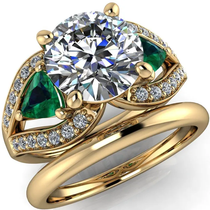 Fire Brilliance Rings Kassandra Round Center Stone 4 Prong Trillion Emerald Side Split Shank Accent Engagement Ring