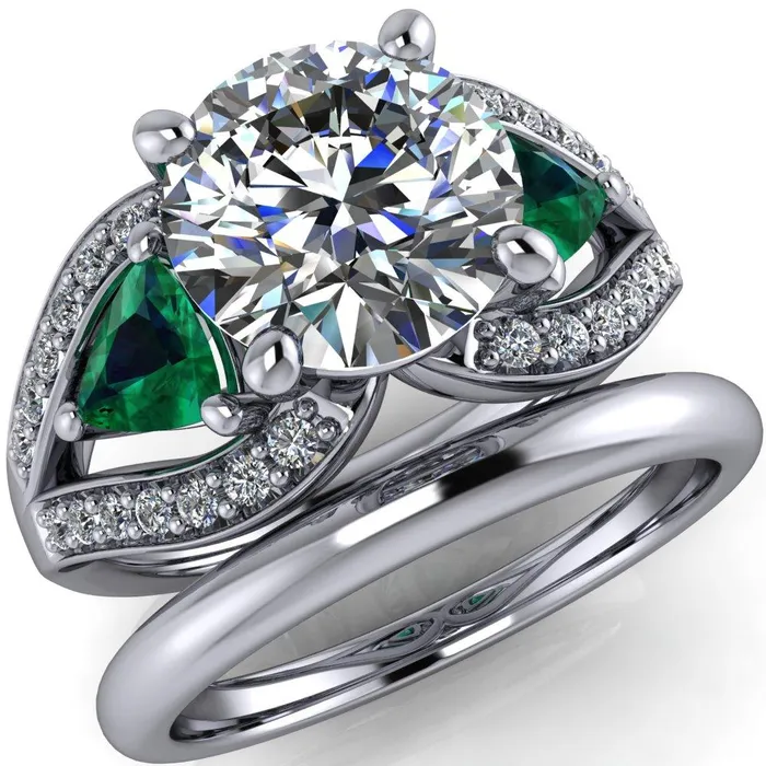 Fire Brilliance Rings Kassandra Round Center Stone 4 Prong Trillion Emerald Side Split Shank Accent Engagement Ring