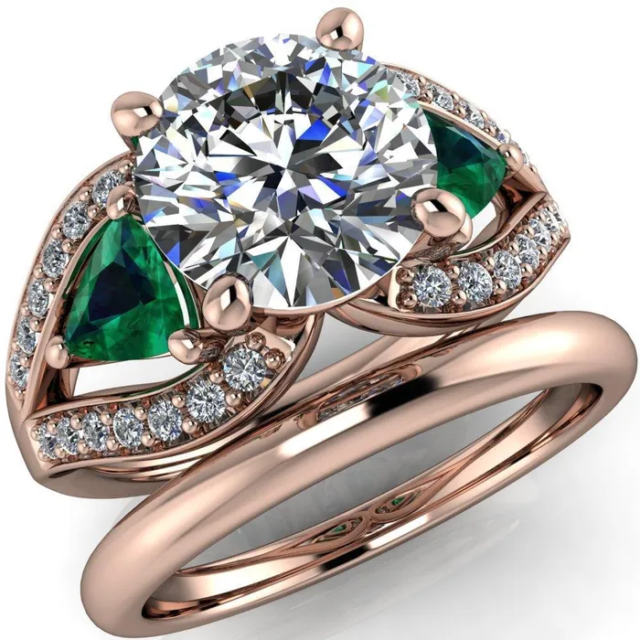 Fire Brilliance Rings Kassandra Round Center Stone 4 Prong Trillion Emerald Side Split Shank Accent Engagement Ring