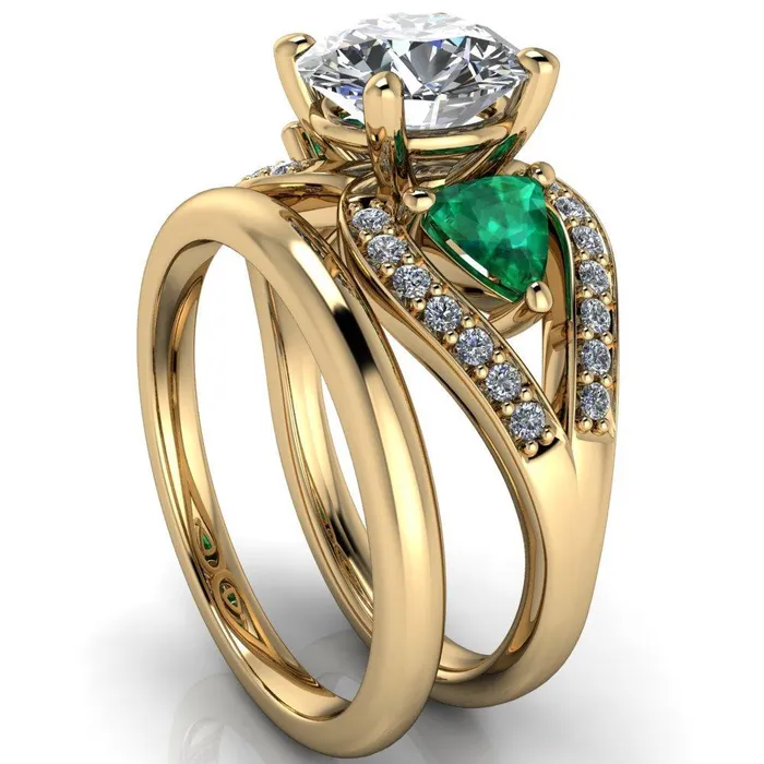 Fire Brilliance Rings Kassandra Round Center Stone 4 Prong Trillion Emerald Side Split Shank Accent Engagement Ring