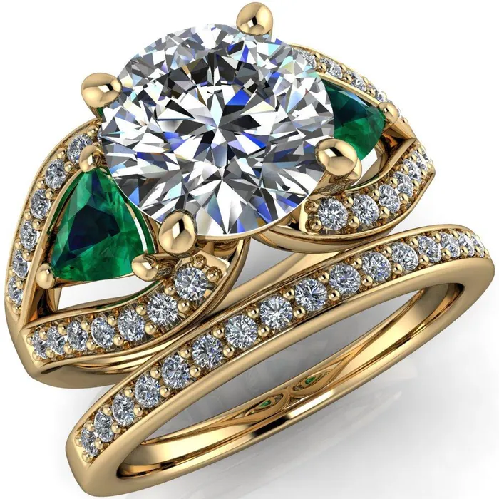 Fire Brilliance Rings Kassandra Round Center Stone 4 Prong Trillion Emerald Side Split Shank Accent Engagement Ring