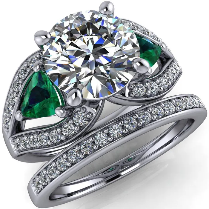 Fire Brilliance Rings Kassandra Round Center Stone 4 Prong Trillion Emerald Side Split Shank Accent Engagement Ring