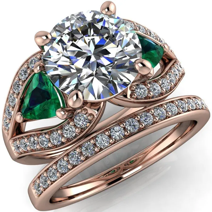 Fire Brilliance Rings Kassandra Round Center Stone 4 Prong Trillion Emerald Side Split Shank Accent Engagement Ring