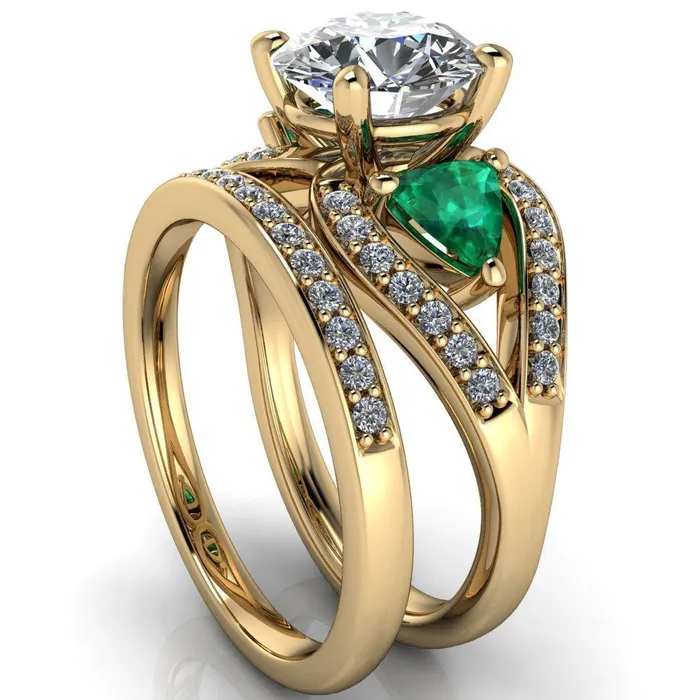 Fire Brilliance Rings Kassandra Round Center Stone 4 Prong Trillion Emerald Side Split Shank Accent Engagement Ring