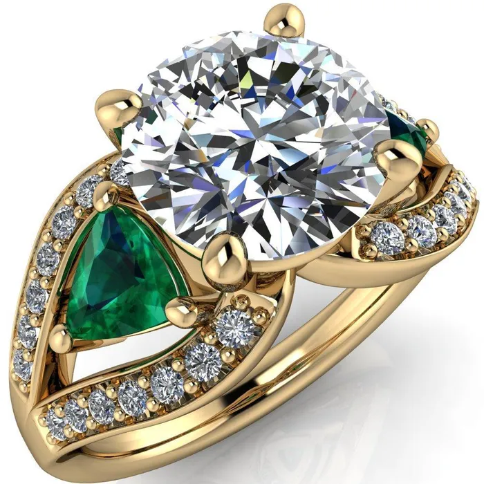 Fire Brilliance Rings Kassandra Round Center Stone 4 Prong Trillion Emerald Side Split Shank Accent Engagement Ring
