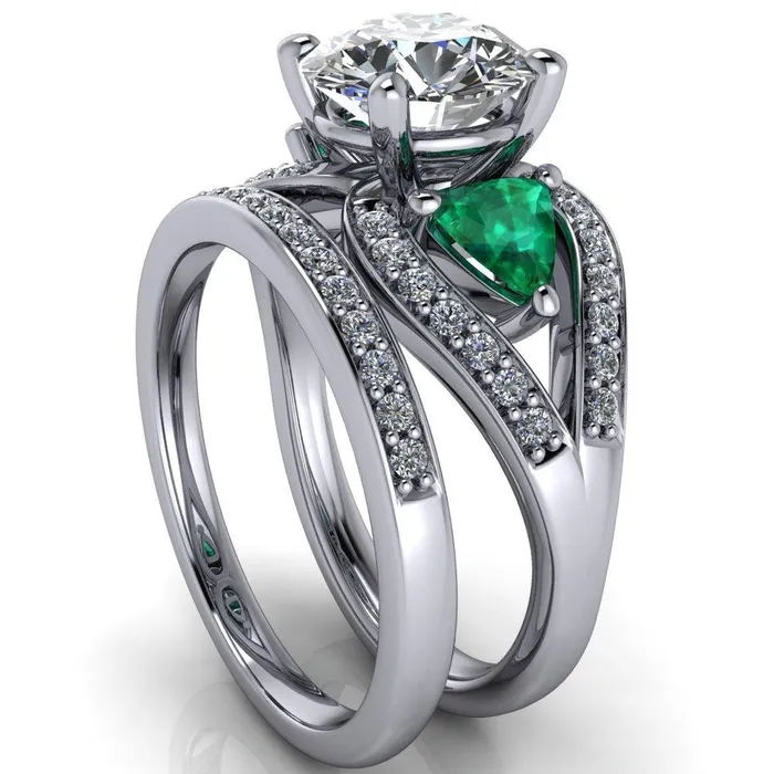 Fire Brilliance Rings Kassandra Round Center Stone 4 Prong Trillion Emerald Side Split Shank Accent Engagement Ring