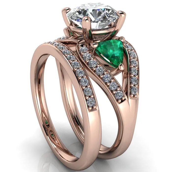 Fire Brilliance Rings Kassandra Round Center Stone 4 Prong Trillion Emerald Side Split Shank Accent Engagement Ring