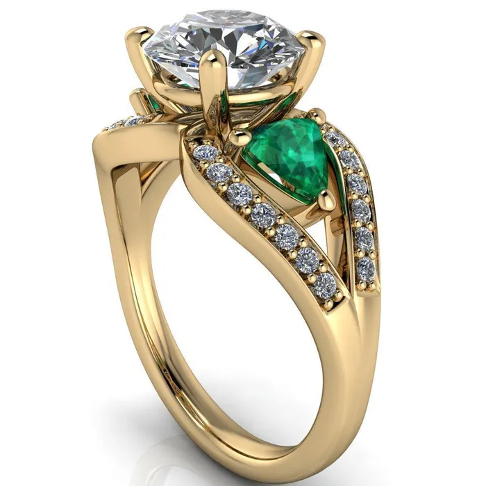 Fire Brilliance Rings Kassandra Round Center Stone 4 Prong Trillion Emerald Side Split Shank Accent Engagement Ring
