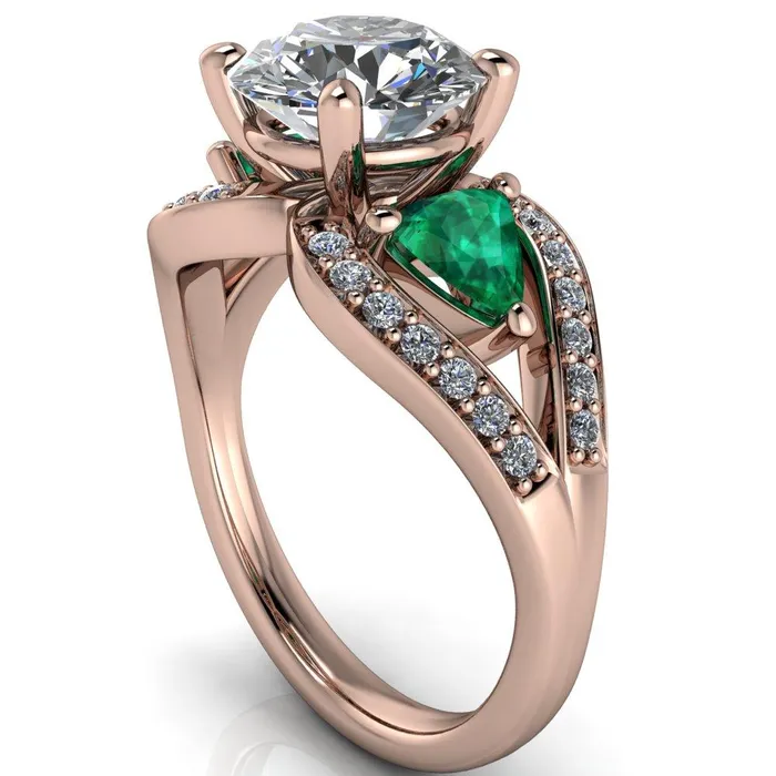 Fire Brilliance Rings Kassandra Round Center Stone 4 Prong Trillion Emerald Side Split Shank Accent Engagement Ring